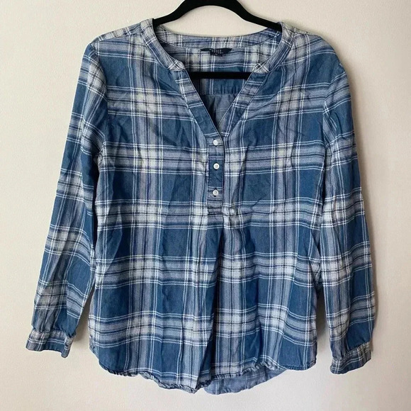 Hayes Plaid Cotton Blend Henley 3 Button Down Western Shirt Blue White Size M - Picture 2 of 10